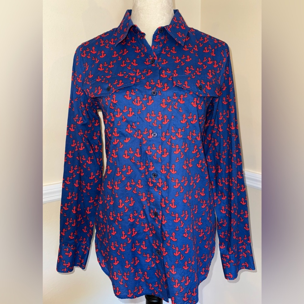 ⚓️ Nautical Blue Button Down Tommy Hilfiger Blue & Red Anchor Print Shirt Sz S